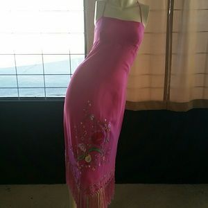 Aris A. pink embroidered,tassled chiffon dress MED